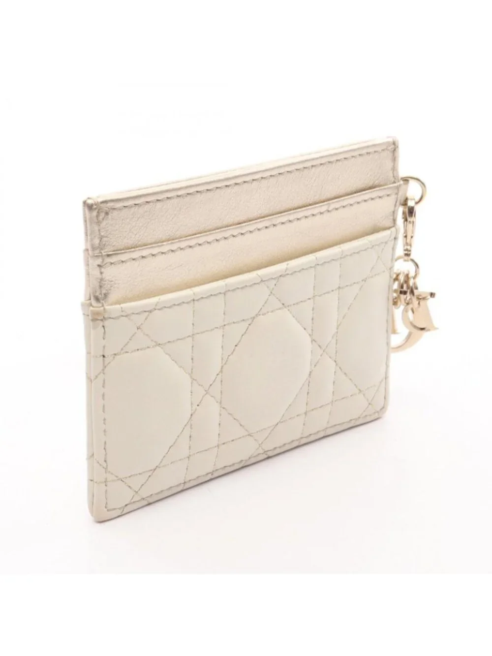 Dior Card Case Lady Dior Cannage Ivory Champagne Gold Leather Holder